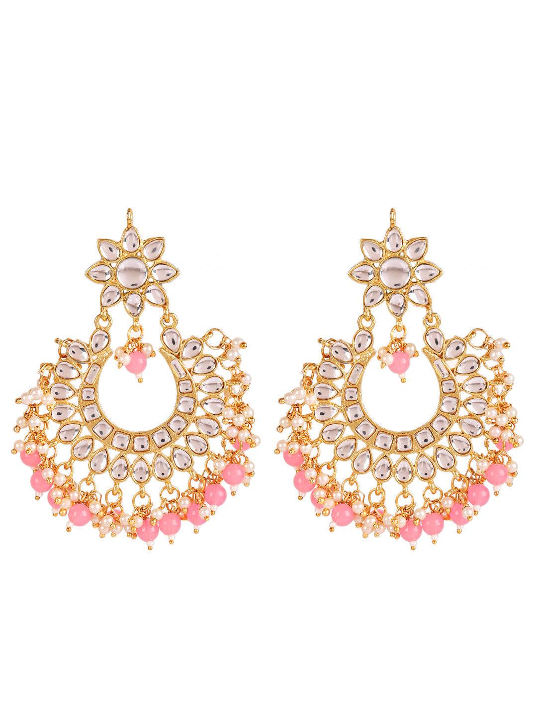 Women's Gold-Toned white Kundan studded & Pink Pearls Maangtikka & Earring Set - Jazz and Sizzle - Indiakreations