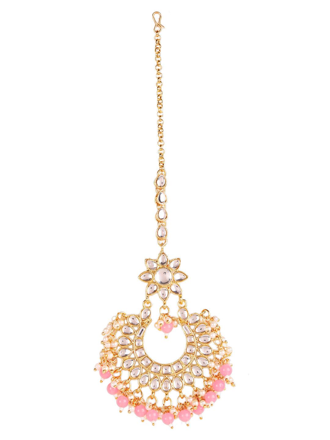 Women's Gold-Toned white Kundan studded & Pink Pearls Maangtikka & Earring Set - Jazz and Sizzle - Indiakreations