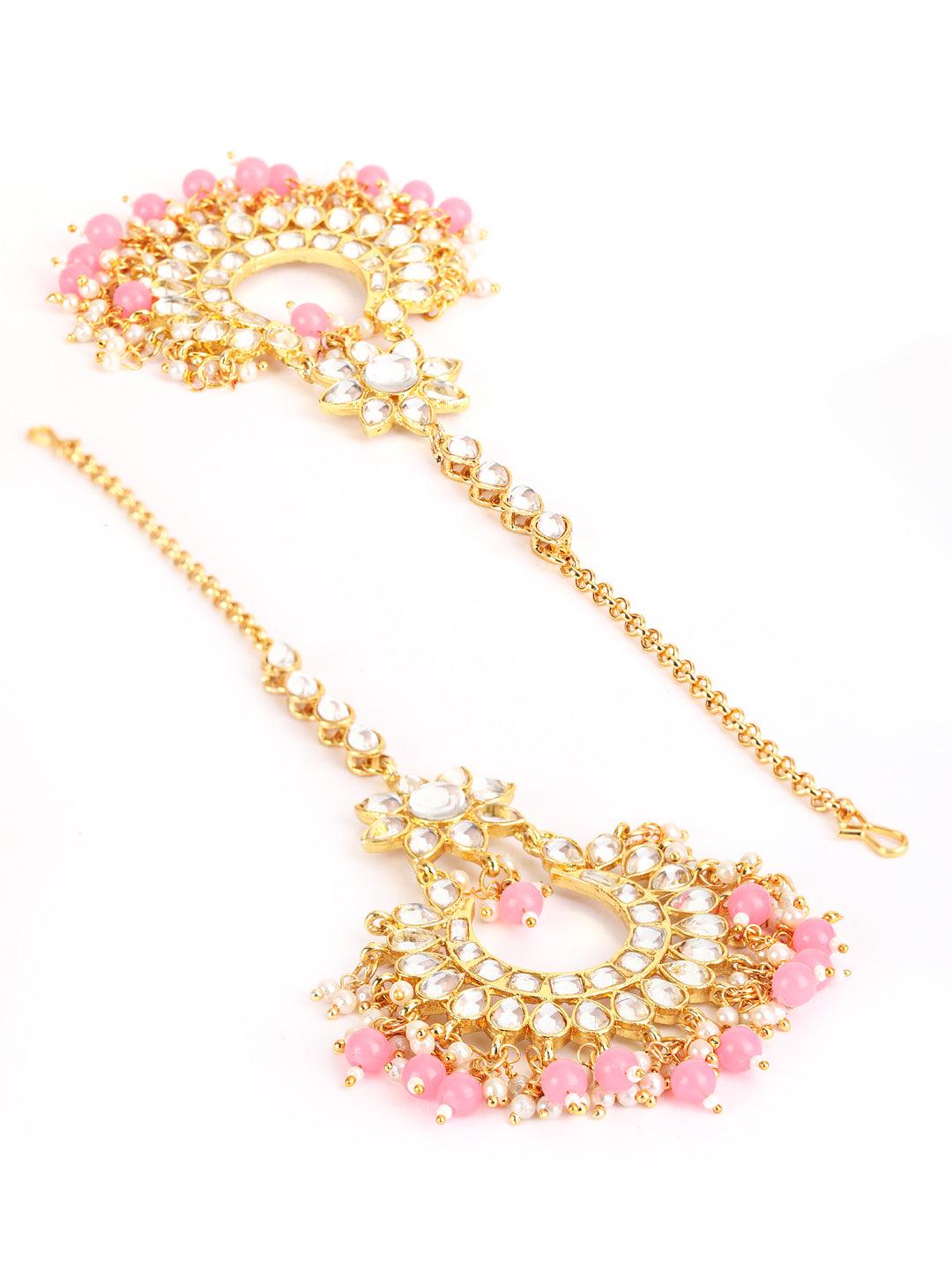 Women's Gold-Toned white Kundan studded & Pink Pearls Maangtikka & Earring Set - Jazz and Sizzle - Indiakreations