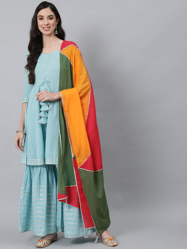 Women's Blue Empire Pure Cotton Kurta with Sharara With Dupatta - Anubhutee