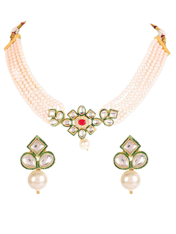 Women's Gold-Plated Pink & Green Kundan-Studded & Beaded Handcrafted Jewellery Set - Jazz and Sizzle - Indiakreations