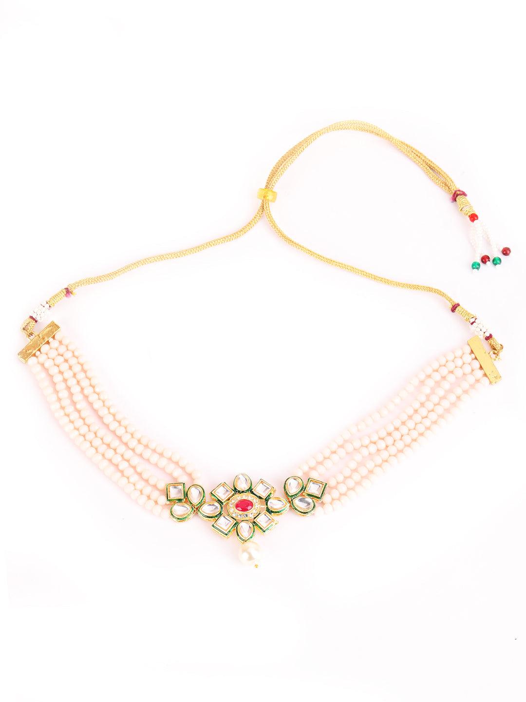 Women's Gold-Plated Pink & Green Kundan-Studded & Beaded Handcrafted Jewellery Set - Jazz and Sizzle - Indiakreations