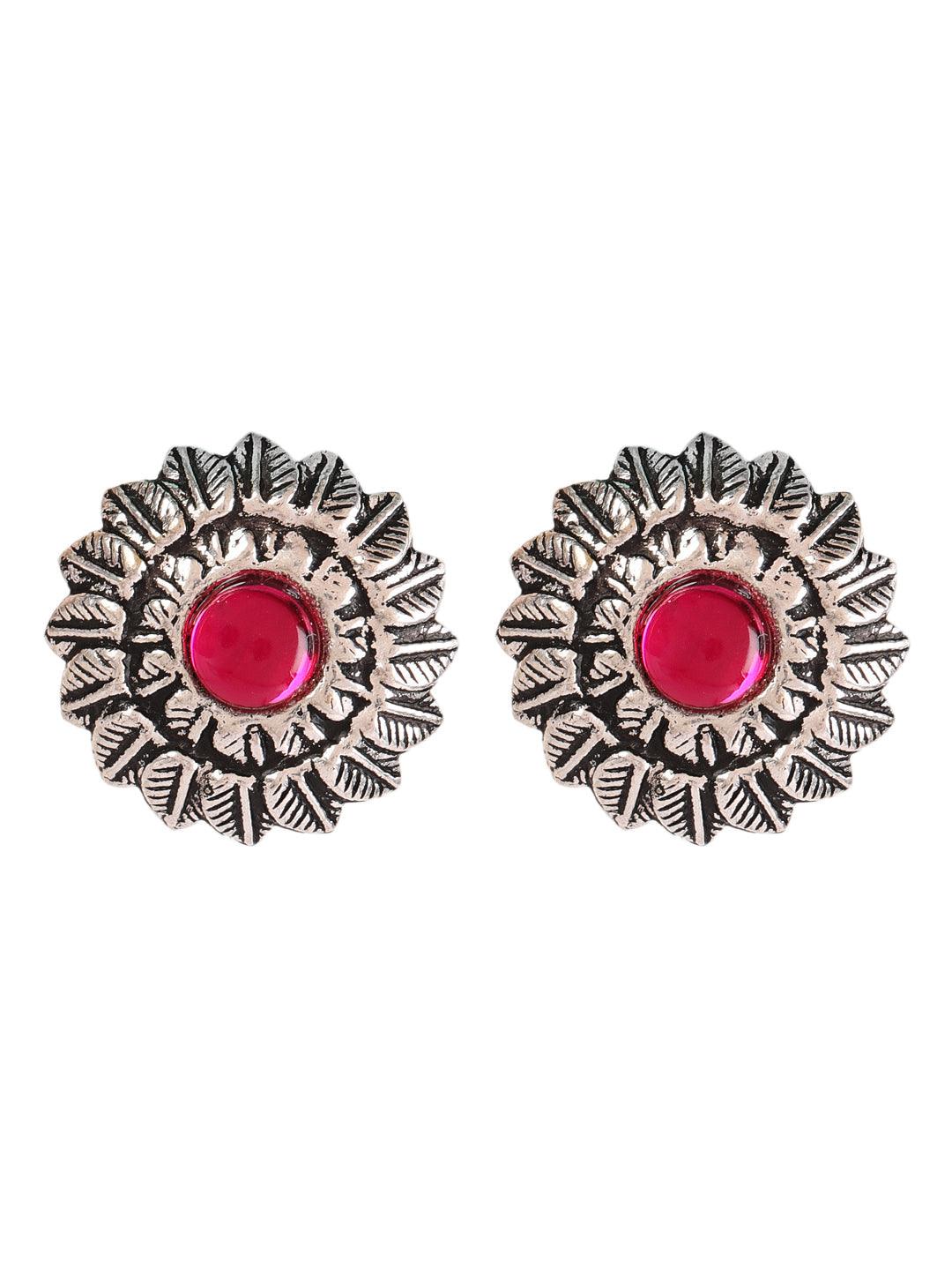 Women's Silver-Toned Oxidised Pink stone studded Peacock Jewellery Set - Jazz and Sizzle - Indiakreations