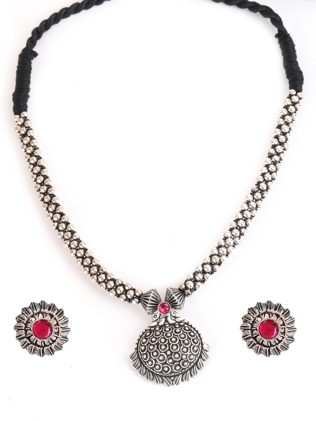 Women's Silver-Toned Oxidised Pink stone studded Peacock Jewellery Set - Jazz and Sizzle - Indiakreations