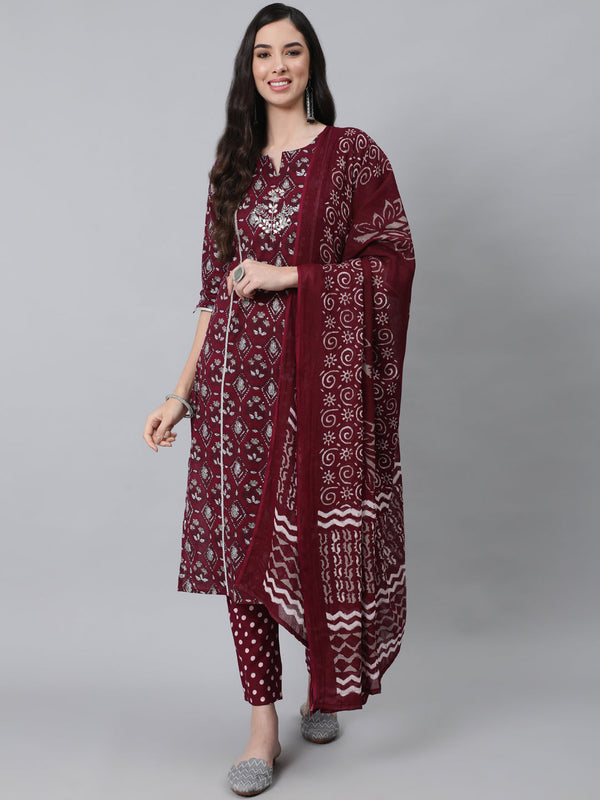 Women Maroon Cotton Kurta with Trousers & Dupatta by Anubhutee (3 Pc Set)