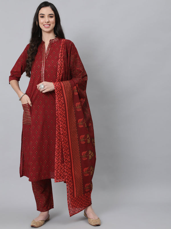 Women's Maroon Floral Printed Pure Cotton Kurta with Trousers  With Dupatta - Anubhutee