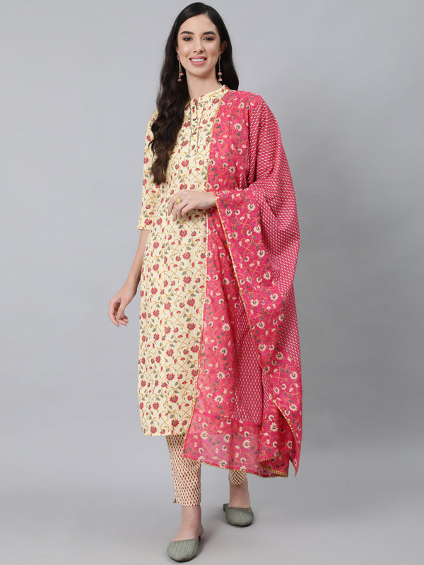 Women's Cream-Coloured Ethnic Motifs Printed Pure Cotton Kurta with Trousers  With Dupatta - Anubhutee