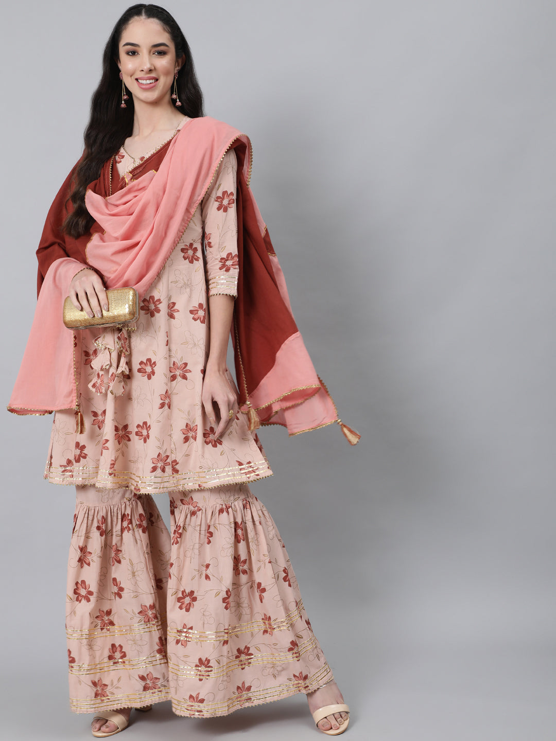 Women's Peach-Coloured & Red Floral Pleated Pure Cotton Kurta & Sharara & Dupatta - Anubhutee