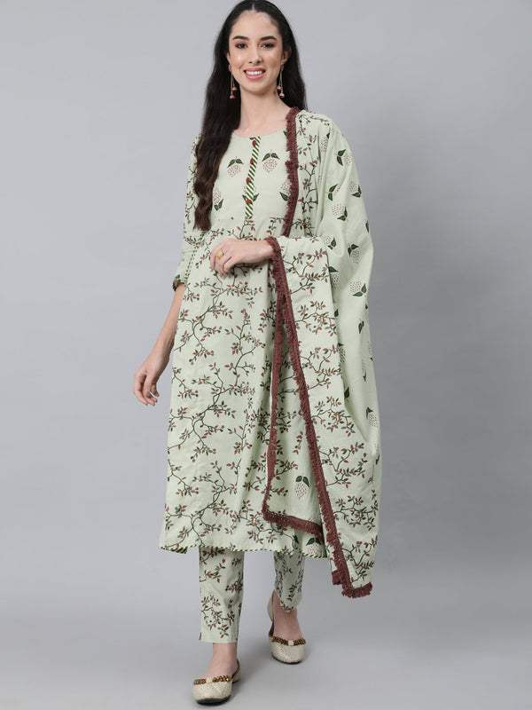 Women Green Floral Printed Cotton Kurta with Trousers & Dupatta by Anubhutee (3 Pc Set)