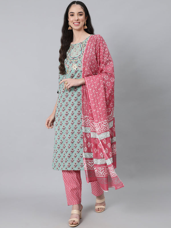 Women's Green Ethnic Motifs Printed Pure Cotton Kurta with Trousers  With Dupatta - Anubhutee