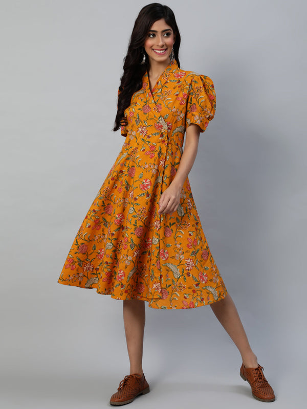 Women Yellow Floral A-Line Dress by Anubhutee (1 Pc Set)