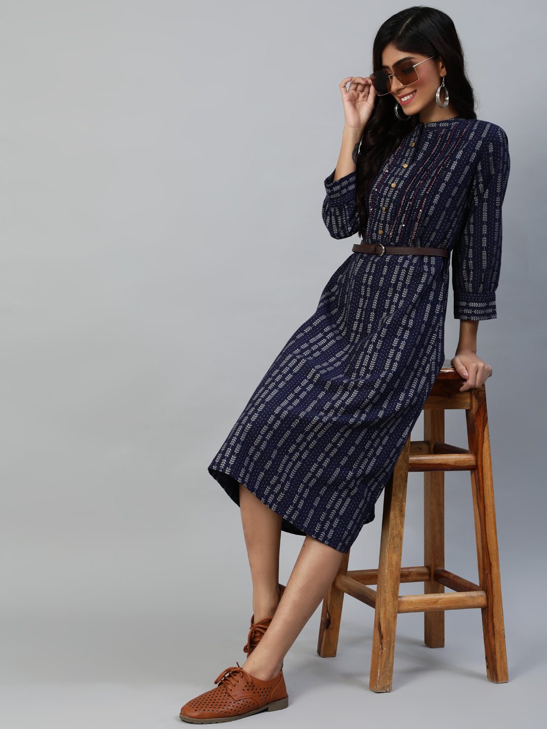 Women's Navy Blue A-Line Midi Dress - Anubhutee