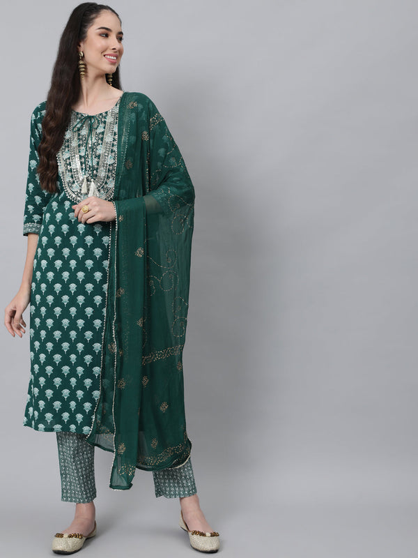 Women's Green Ethnic Motifs Embroidered Pure Cotton Kurta with Trousers With Dupatta - Anubhutee