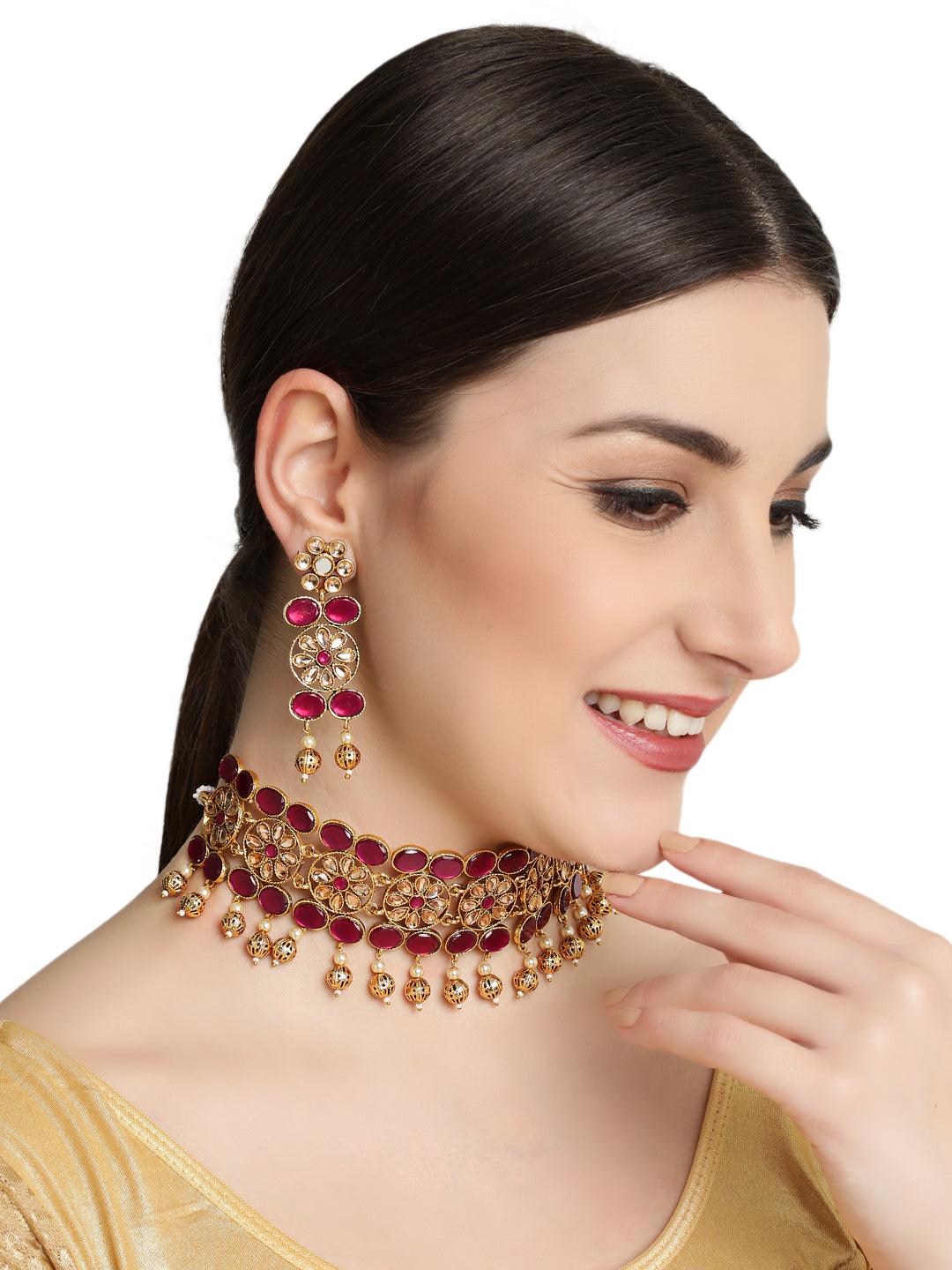 Women's Gold Plated Mirror Studded White Beads Red & Green Reversible Necklace Set - Jazz And Sizzle - Indiakreations