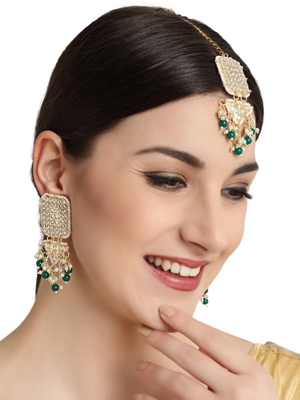 Women's Gold-Toned Green & White Kundan Stone Studded & Pearls Beaded Traditional Maangtikka & Earrings Set - Jazz And Sizzle - Indiakreations