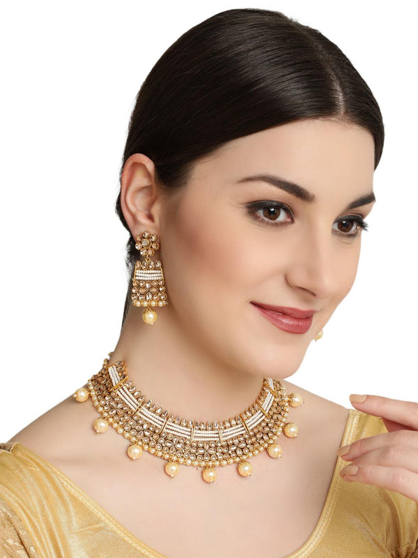 Women's Gold Plated Mirror Studded White Beads Reversible Necklace Set. - Jazz And Sizzle - Indiakreations