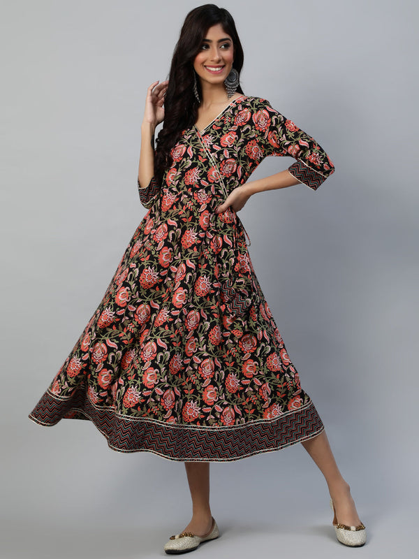 Women's Black Floral A-Line Midi Dress - Anubhutee