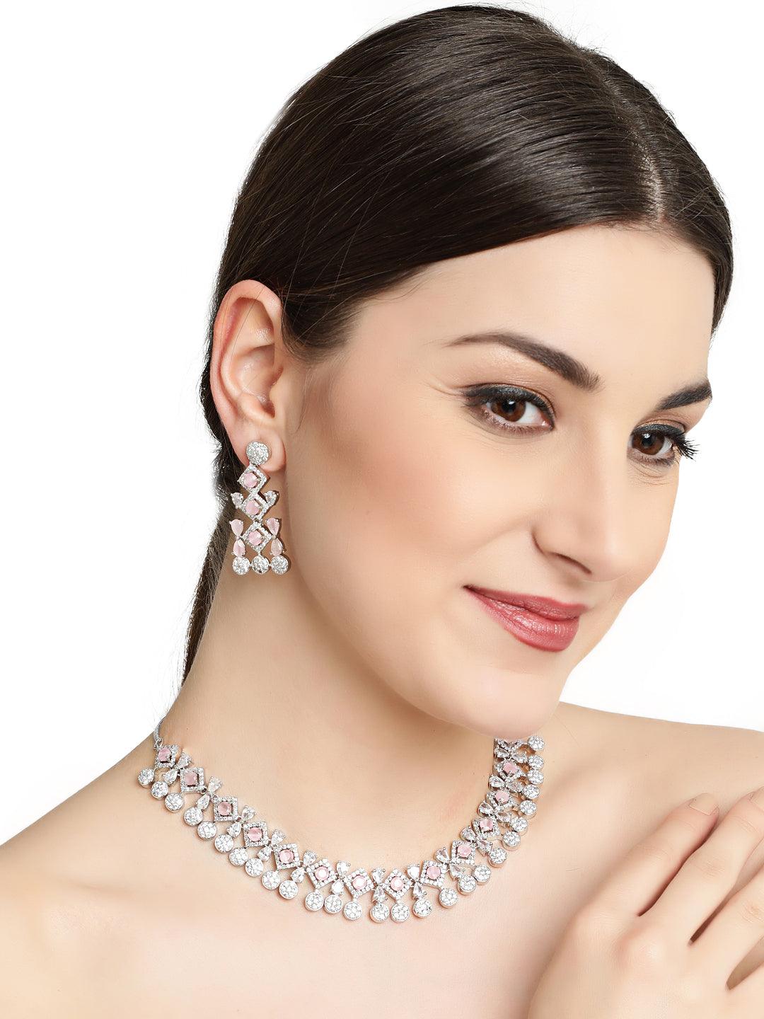 Women's Silver Plated Pink Studded American Diamond Handcrafted Necklace Set - Jazz And Sizzle - Indiakreations