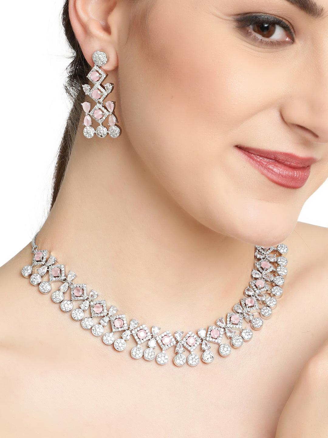 Women's Silver Plated Pink Studded American Diamond Handcrafted Necklace Set - Jazz And Sizzle - Indiakreations