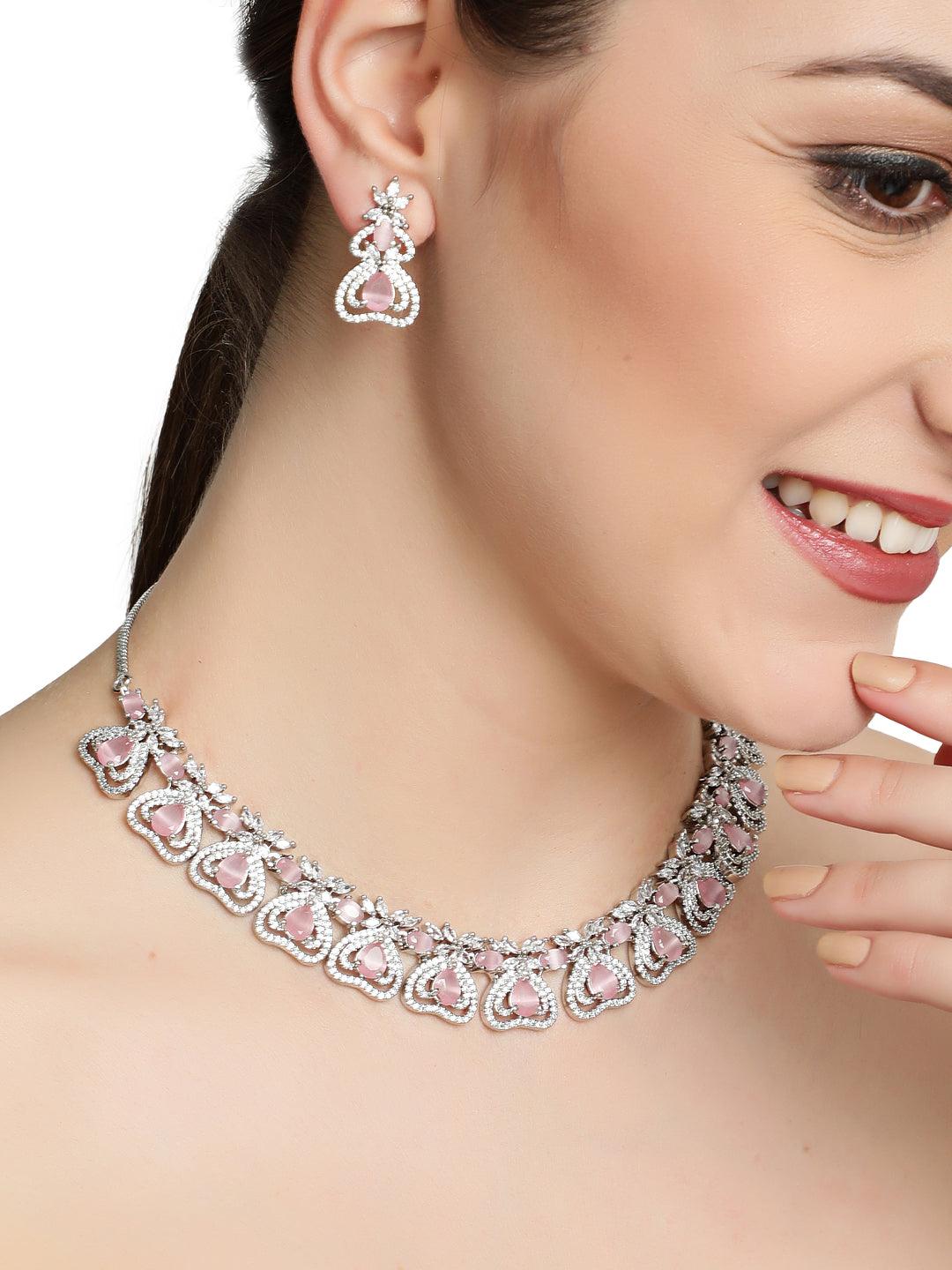 Women's Silver-Plated Pink American Diamond & Cz Studded Heart Shaped Handcrafted Necklace Set - Jazz And Sizzle - Indiakreations