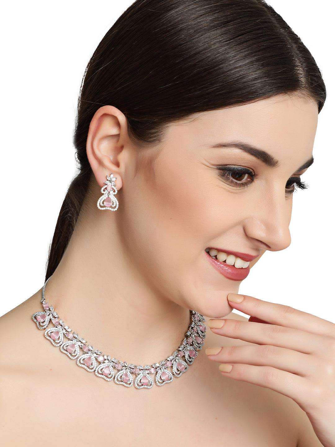 Women's Silver-Plated Crystal Studded Pink American Diamond Handcrafted Necklace Set - Jazz And Sizzle - Indiakreations