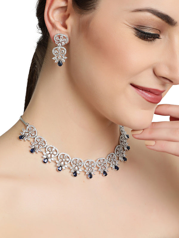 Women's Silver Plated Crystal Studded Blue American Diamond Handcrafted Necklace Set. - Jazz And Sizzle - Indiakreations