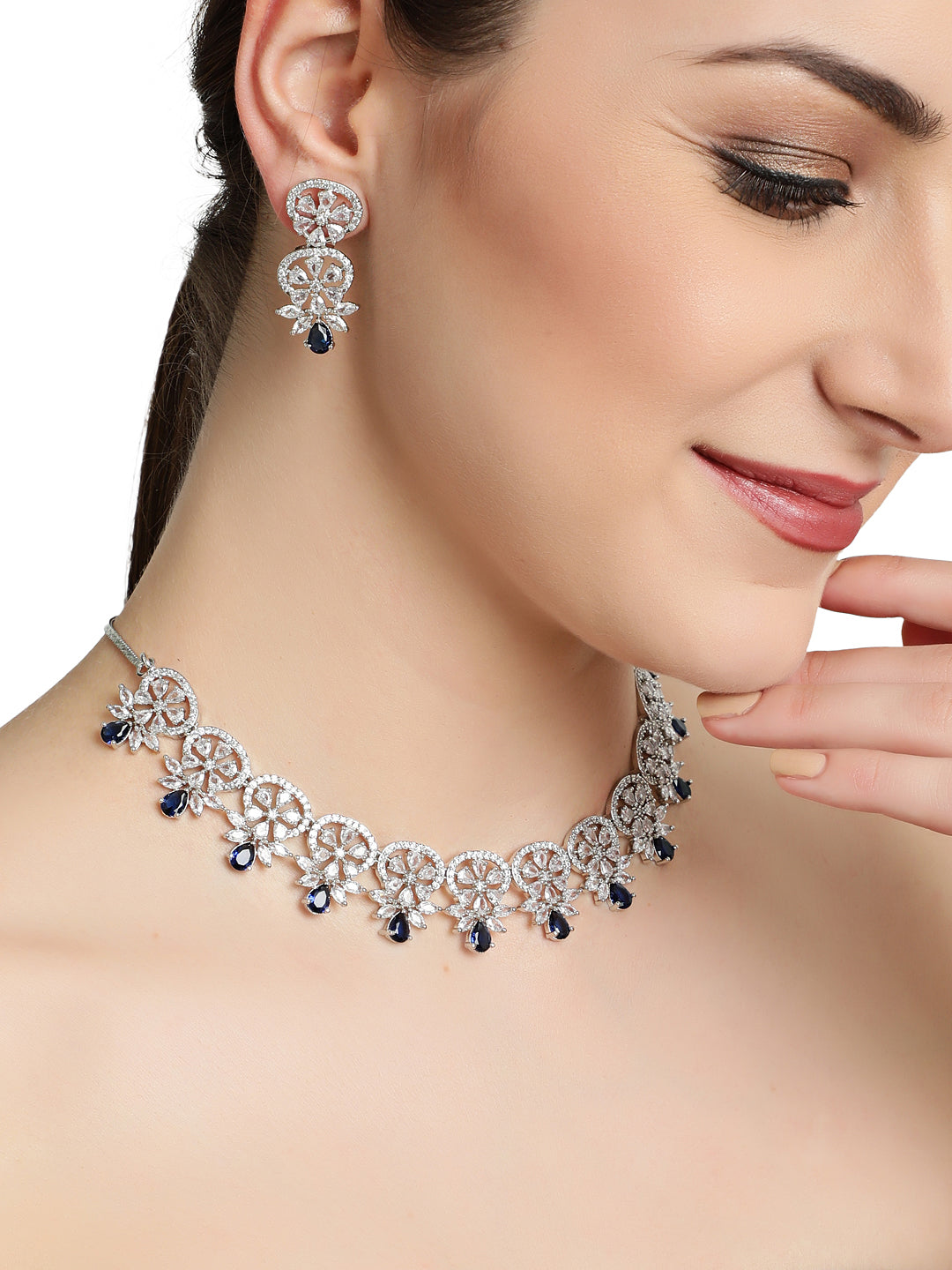 Women's Silver Plated Crystal Studded Blue American Diamond Handcrafted Necklace Set - Jazz And Sizzle - Indiakreations