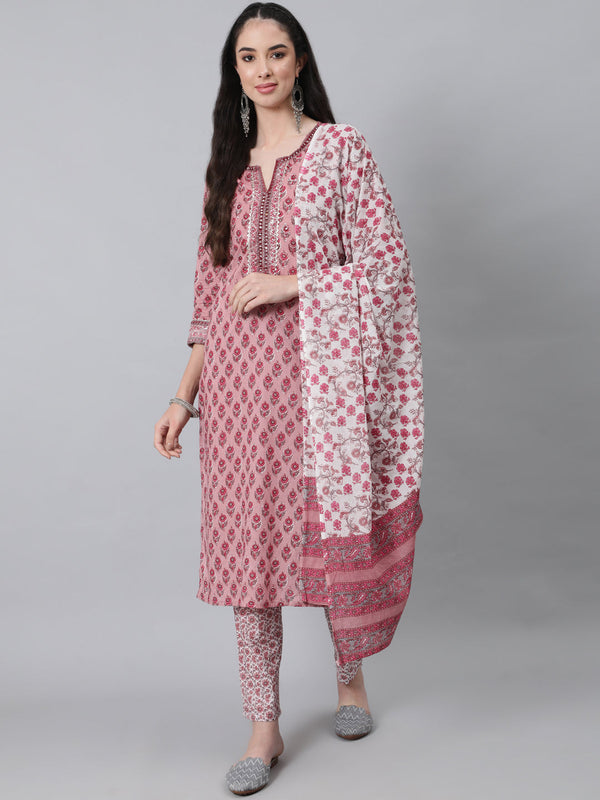 Women's Peach-Coloured Floral Printed Pure Cotton Kurta with Churidar  With Dupatta - Anubhutee