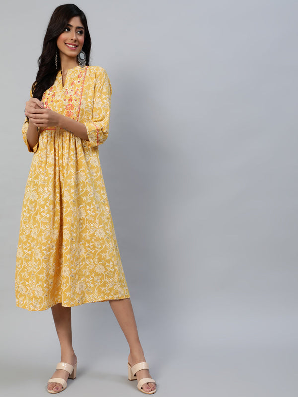 Women's Yellow Floral A-Line Midi Dress - Anubhutee