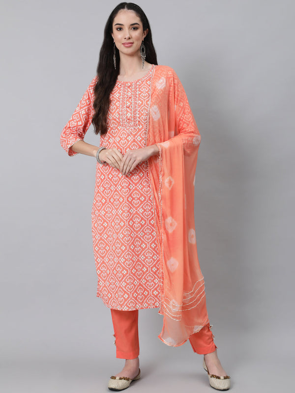 Women Orange Printed Cotton Kurta with Trousers & Dupatta by Anubhutee (3 Pc Set)