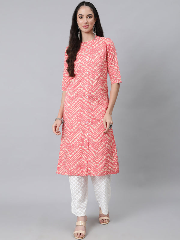 Women Peach Printed Kurta with White Trousers by Anubhutee (2 Pc Set)