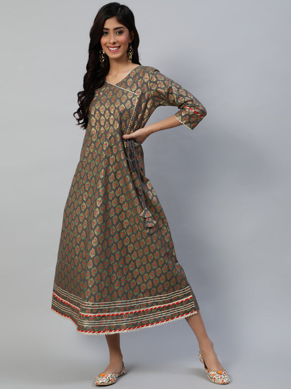 Women's Grey Ethnic Motifs Ethnic A-Line Maxi Dress - Anubhutee