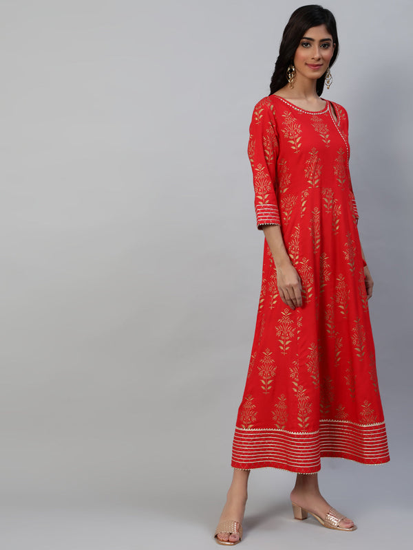 Women's Red Ethnic Motifs Ethnic A-Line Maxi Dress - Anubhutee