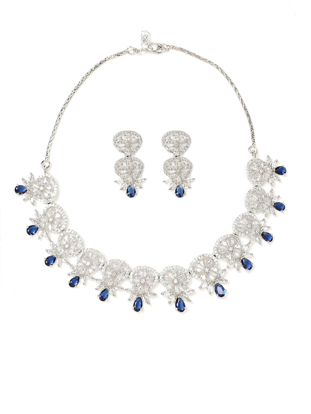 Women's Silver Plated Crystal Studded Blue American Diamond Handcrafted Necklace Set. - Jazz And Sizzle - Indiakreations