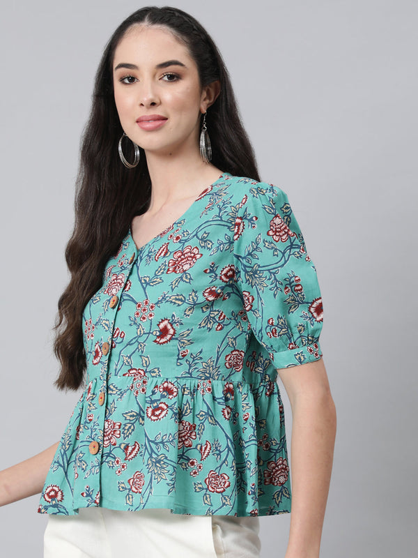 Women Teal Green Printed Top with Trousers by Anubhutee (2 Pc Set)