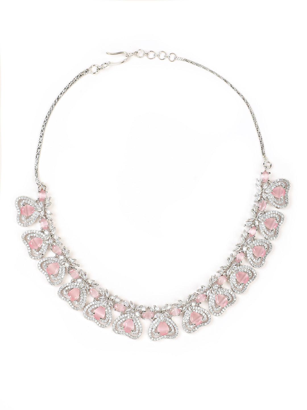 Women's Silver-Plated Pink American Diamond & Cz Studded Heart Shaped Handcrafted Necklace Set - Jazz And Sizzle - Indiakreations