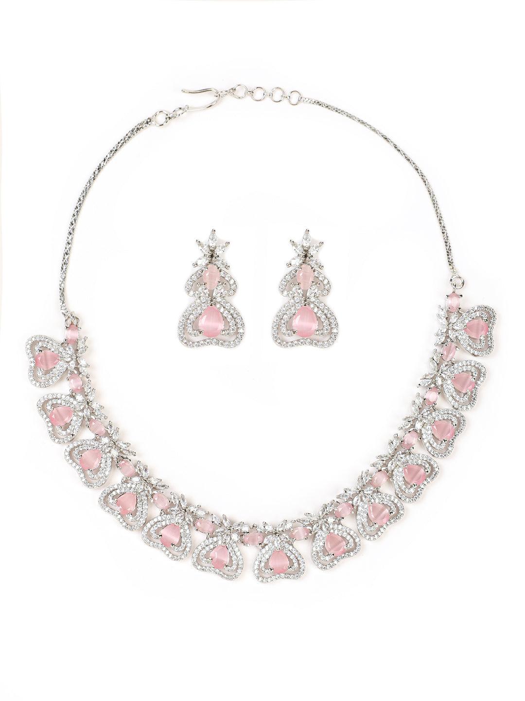 Women's Silver-Plated Pink American Diamond & Cz Studded Heart Shaped Handcrafted Necklace Set - Jazz And Sizzle - Indiakreations