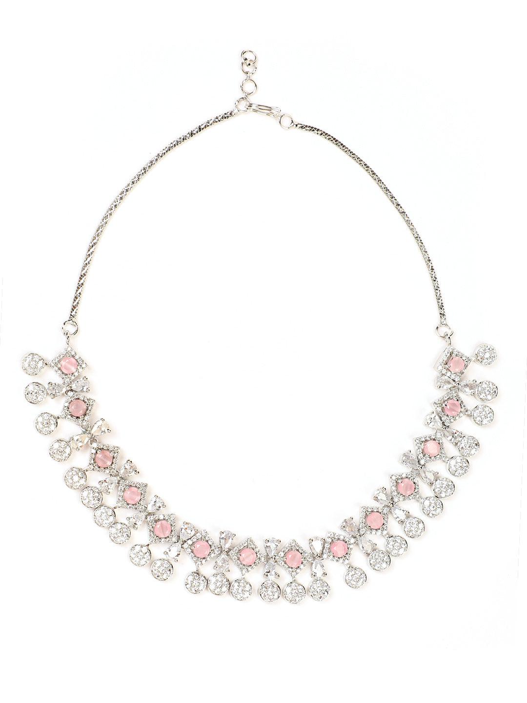 Women's Silver Plated Pink American Diamond Studded Handcrafted Necklace Set. - Jazz And Sizzle - Indiakreations