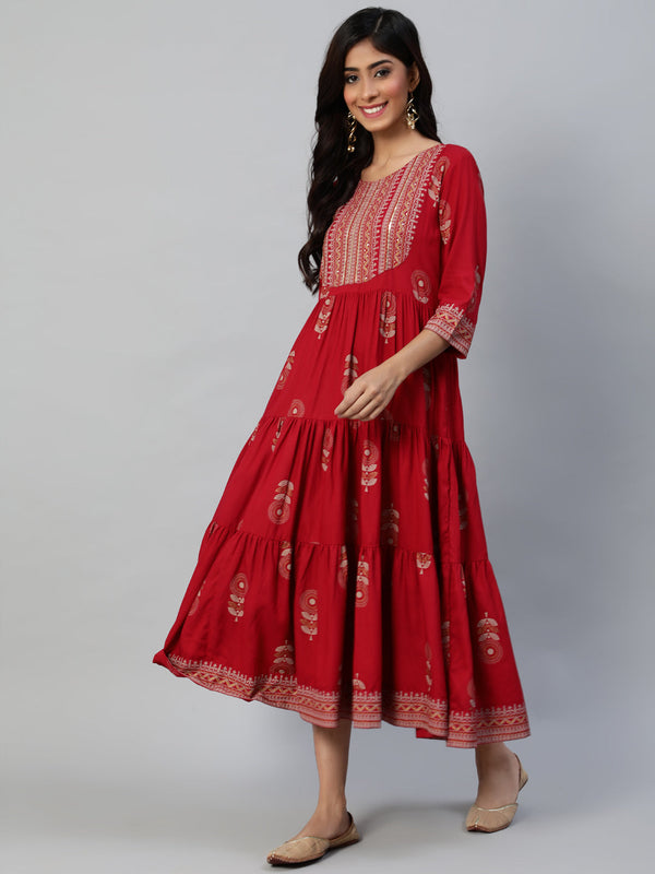 Women's Maroon Ethnic Motifs Ethnic A-Line Midi Dress - Anubhutee