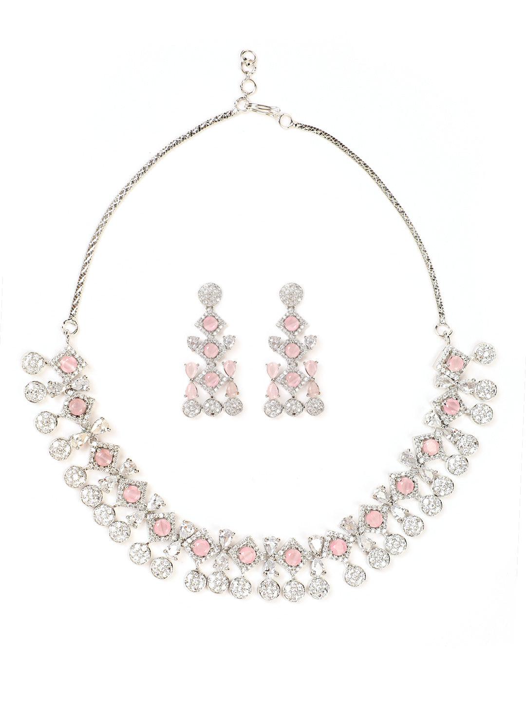 Women's Silver Plated Pink Studded American Diamond Handcrafted Necklace Set - Jazz And Sizzle - Indiakreations