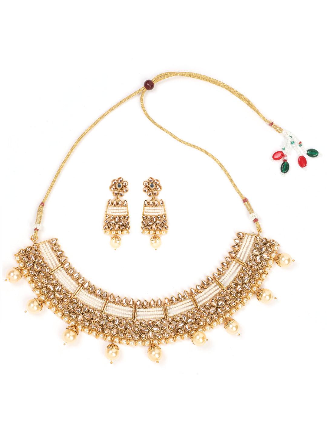 Women's Gold Plated Mirror Studded White Beads Reversible Necklace Set - Jazz And Sizzle - Indiakreations