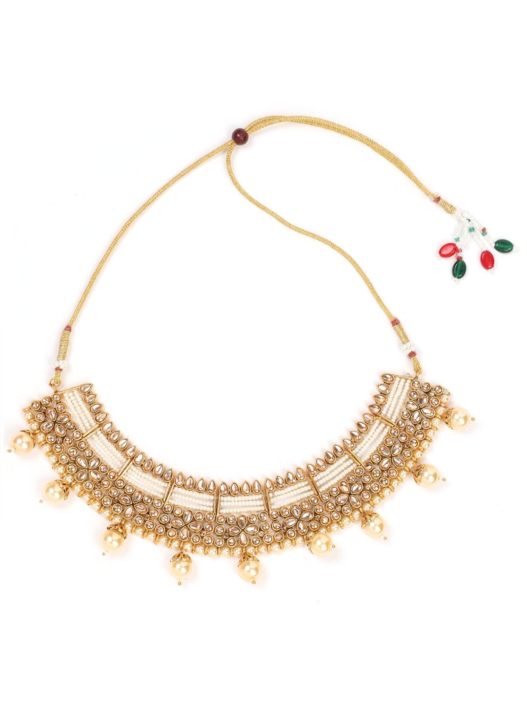 Women's Gold Plated Mirror Studded White Beads Reversible Necklace Set - Jazz And Sizzle - Indiakreations