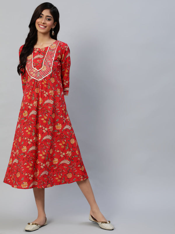 Women's Red Ethnic Motifs A-Line Midi Dress - Anubhutee