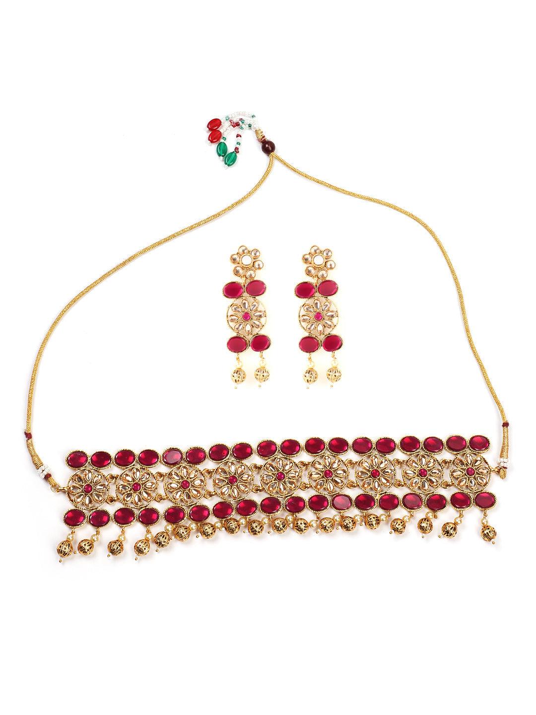 Women's Gold Plated Mirror Studded White Beads Red & Green Reversible Necklace Set - Jazz And Sizzle - Indiakreations