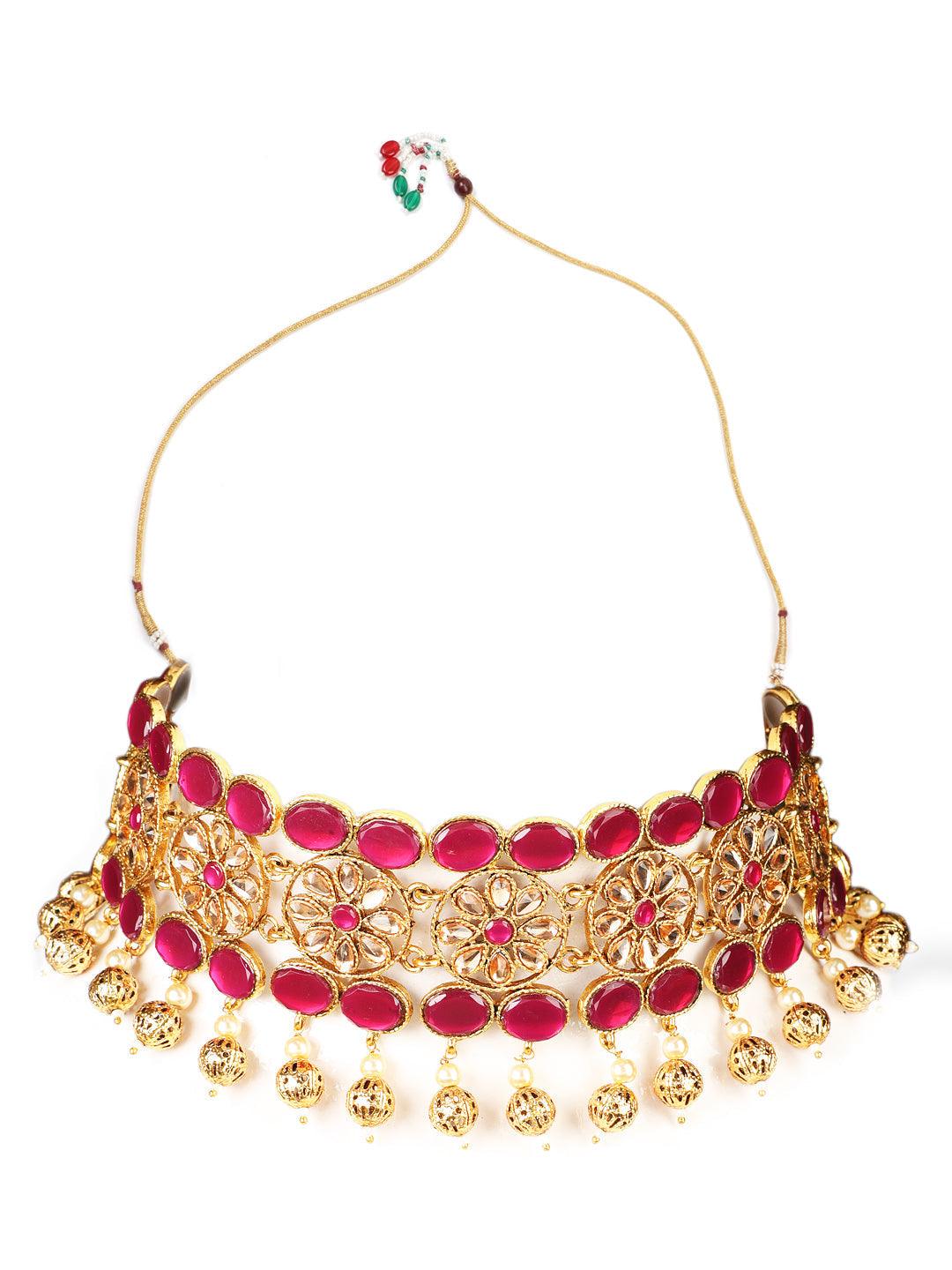 Women's Gold Plated Mirror Studded White Beads Red & Green Reversible Necklace Set - Jazz And Sizzle - Indiakreations