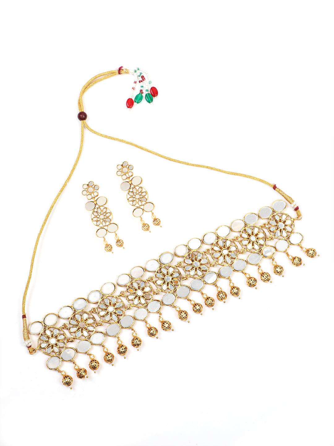 Women's Gold Plated Mirror Studded White Beads Red & Green Reversible Necklace Set - Jazz And Sizzle - Indiakreations