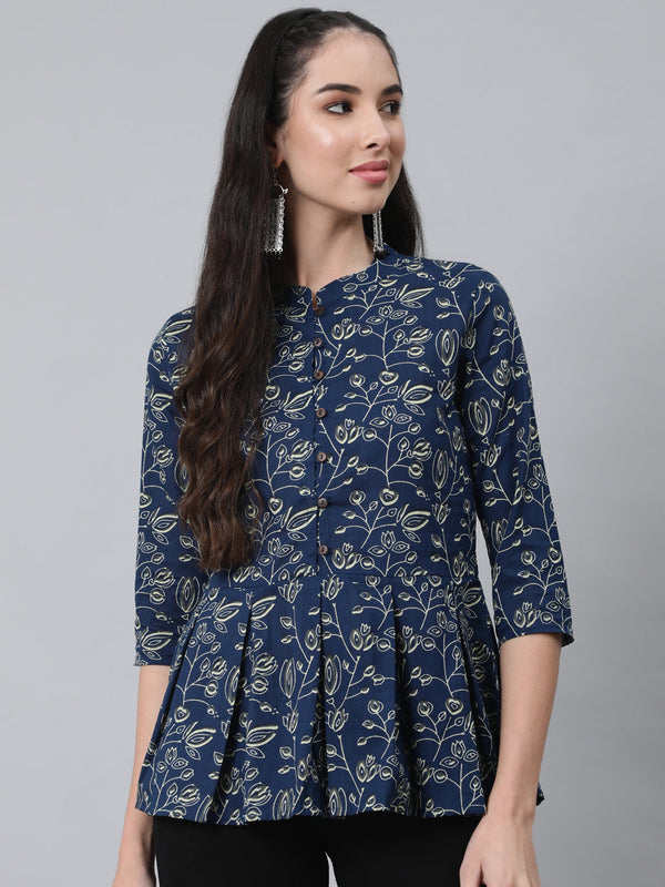 Women's Navy Blue  Beige Ethnic Motifs Printed Pure Cotton Anarkali Kurti - Anubhutee