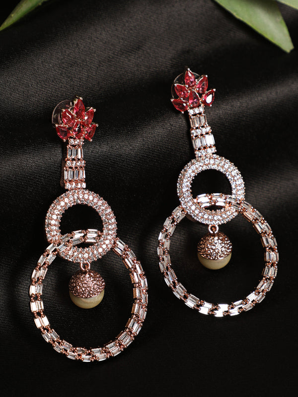 Women's Red & Rose Gold-Plated American Diamond Circulat Shaped Drop Earrings - Jazz And Sizzle