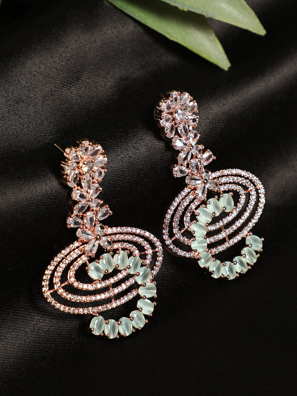 Women's Mint Green & Rose Gold-Plated American Diamond Crescent Shaped Drop Earrings - Jazz And Sizzle