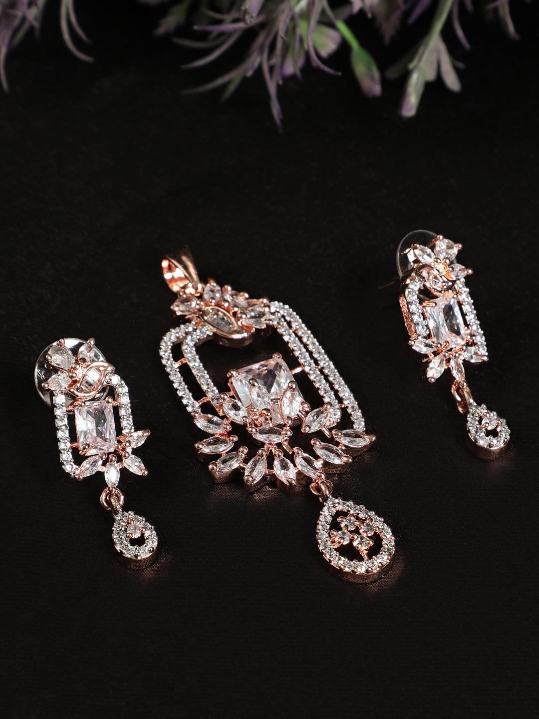 Women's Rose Gold Plated Handcrafted Zircon Stone Pendant Set - Jazz And Sizzle - Indiakreations